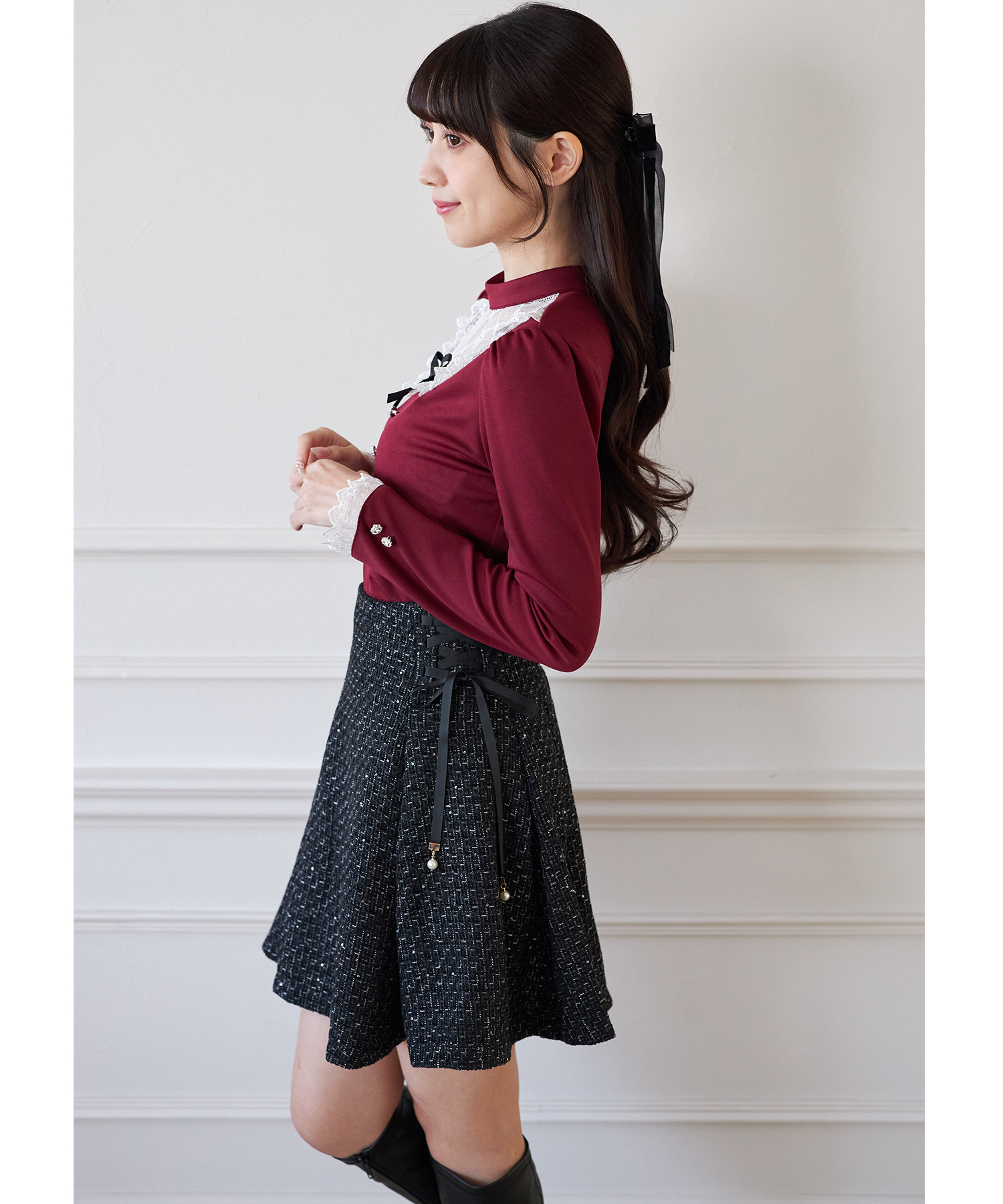 インナーパンツ付きサイドレースアップスパンコールツイードタック