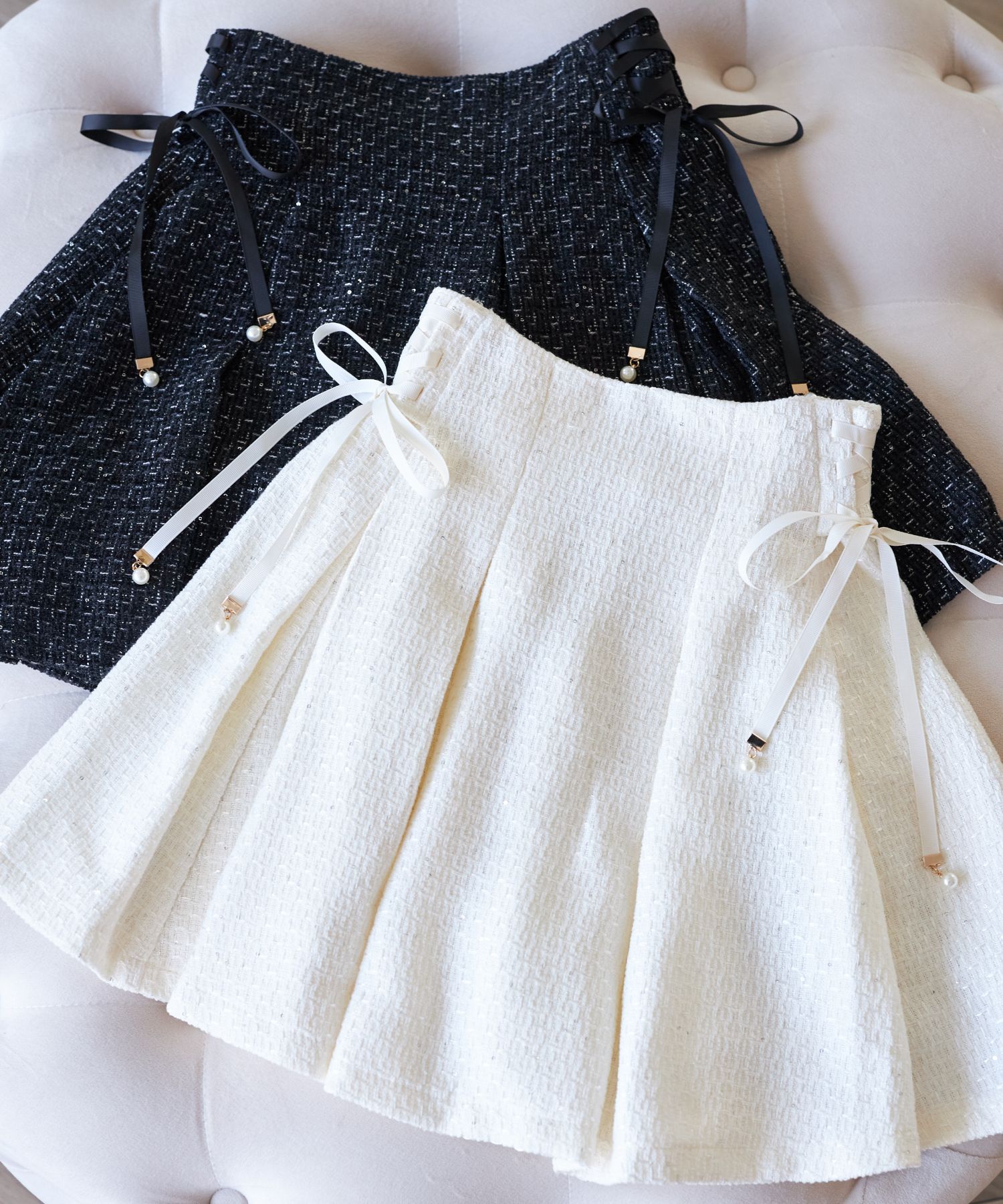 インナーパンツ付きサイドレースアップスパンコールツイードタック