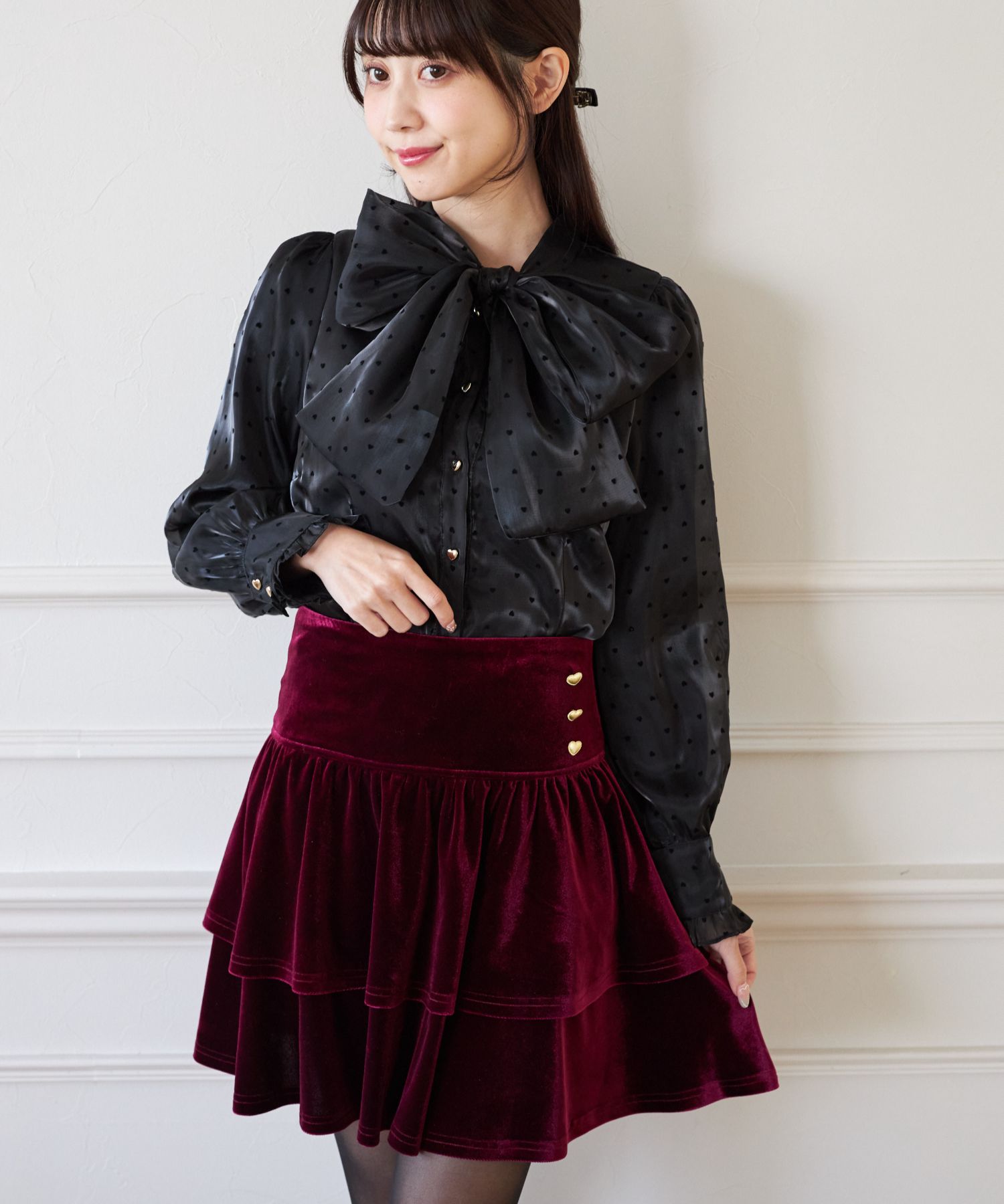 ノ☆新品未使用☆BUBBLES☆リボンサスペンダー付きティアードスカート☆ 2WAYリボンサスペンダー付きインナーパンツ仕様ベロアティアード