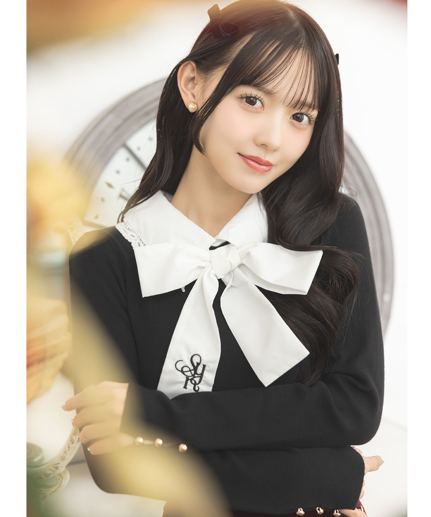 2WAY刺繍ボウタイリボン付きレース襟ニットプルオーバー