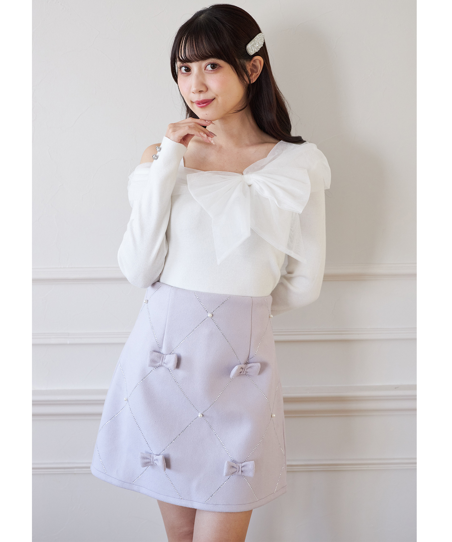 ミニスカート リボン ビジュー付き インナーパンツ付きビジューリボン装飾ファー切り替えミニスカート