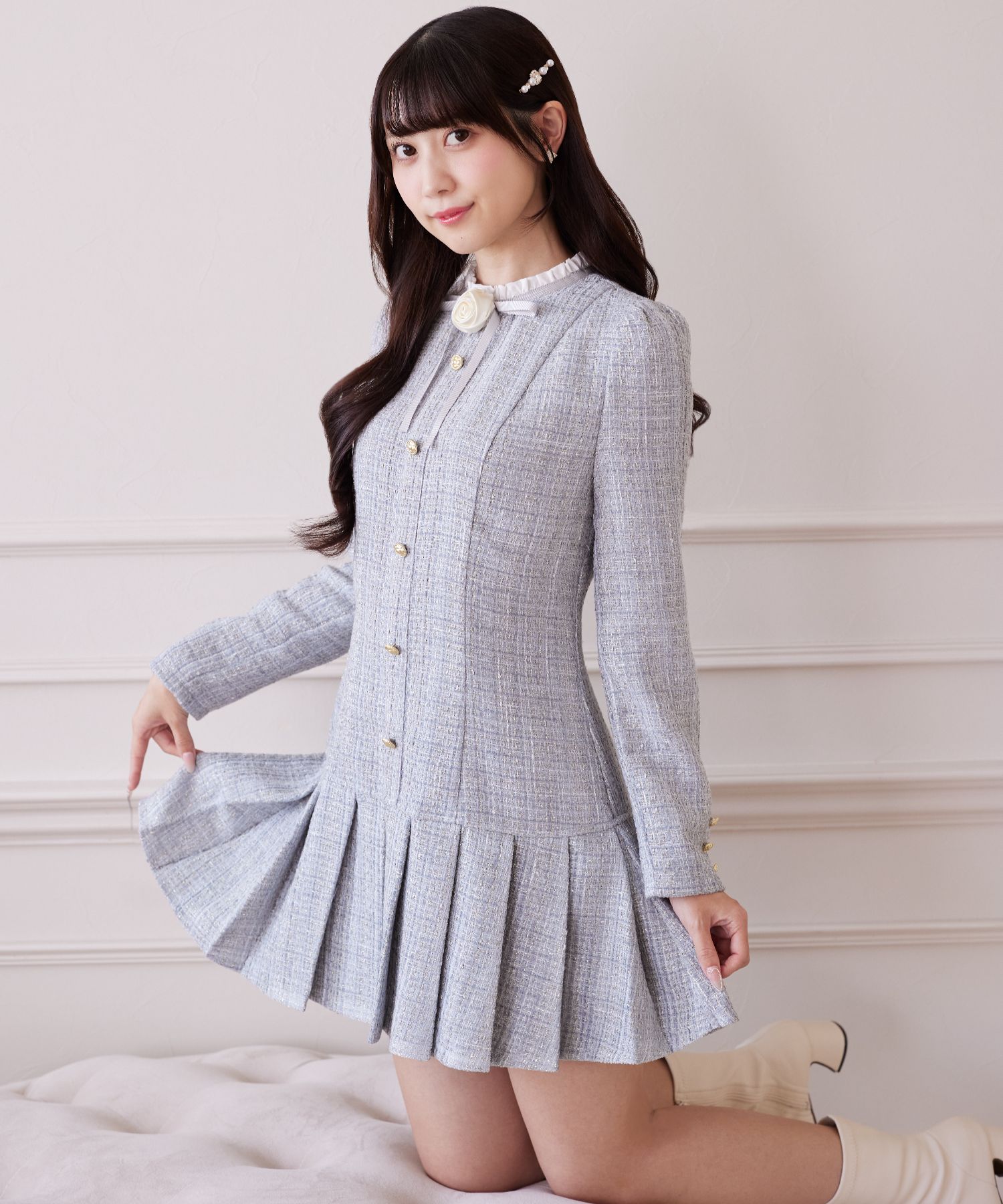 ローズリボン＆フリル付きラメツイードワンピース