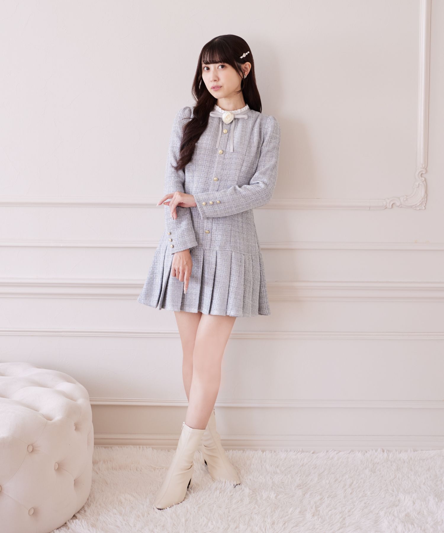 ローズリボン＆フリル付きラメツイードワンピース