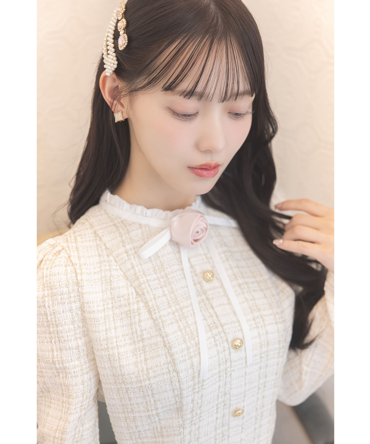 ローズリボン＆フリル付きラメツイードワンピース