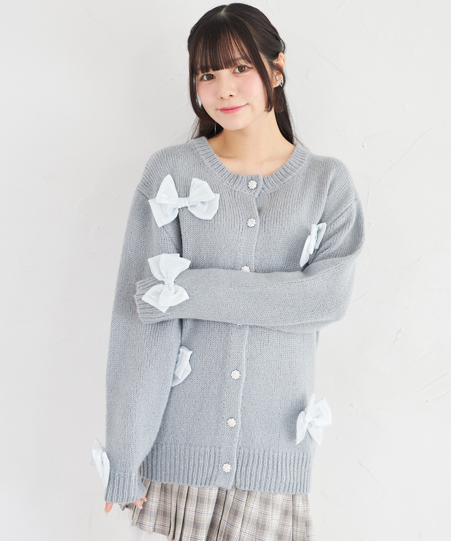 シフォンリボン付きビジュー釦ロングニットカーディガン