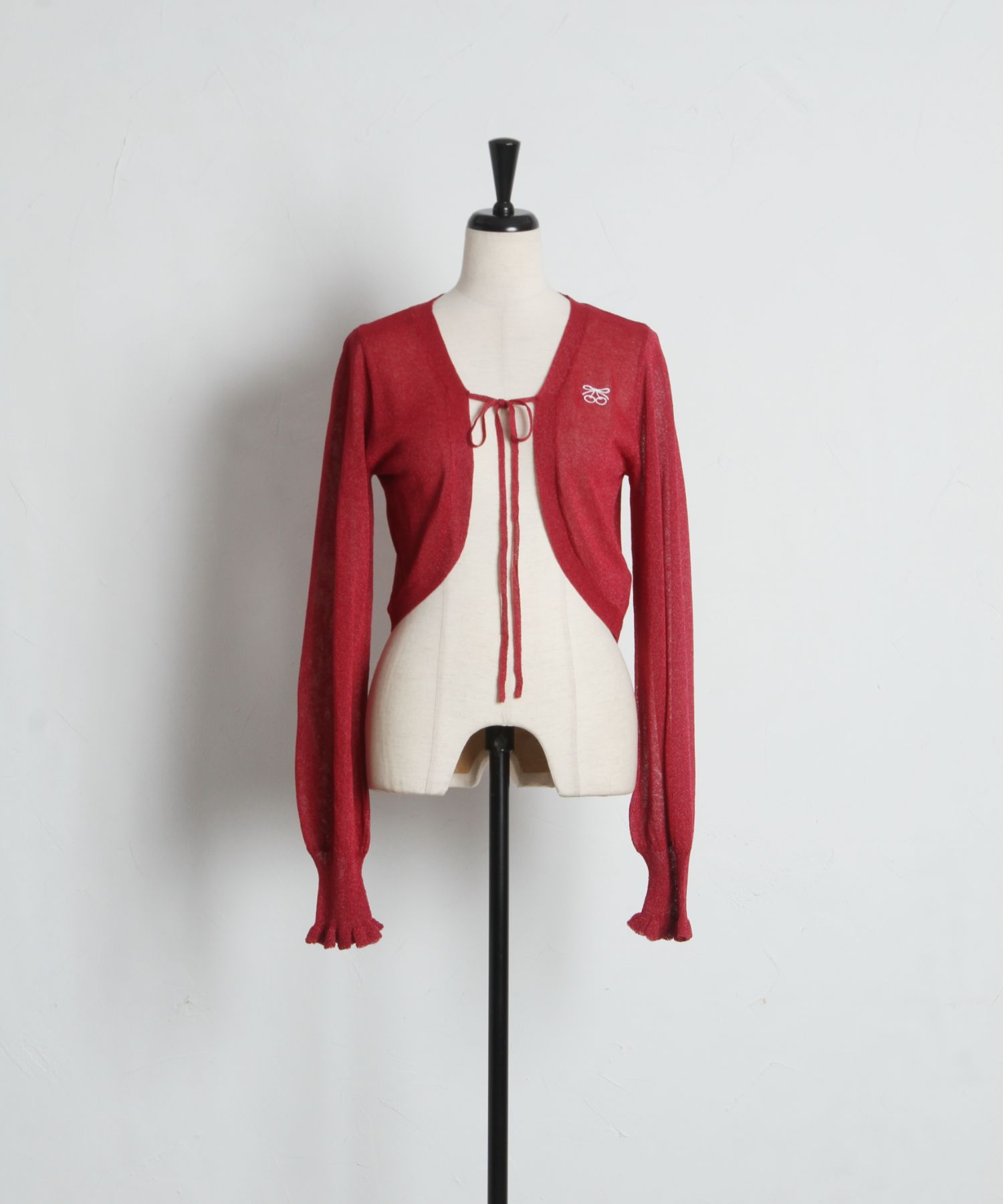 リボン付きチェリー刺繍シアーラメカーディガン