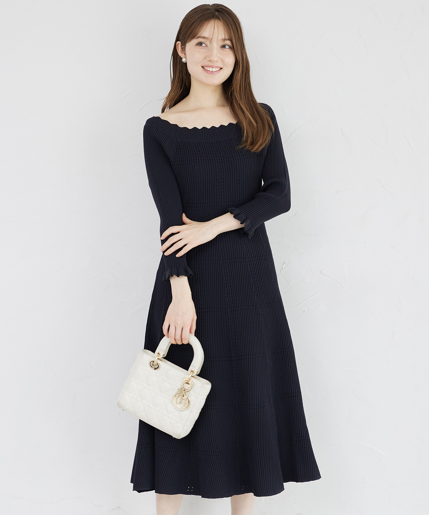 袖口フリル付きスカラネックシアーチェックリブニットワンピース