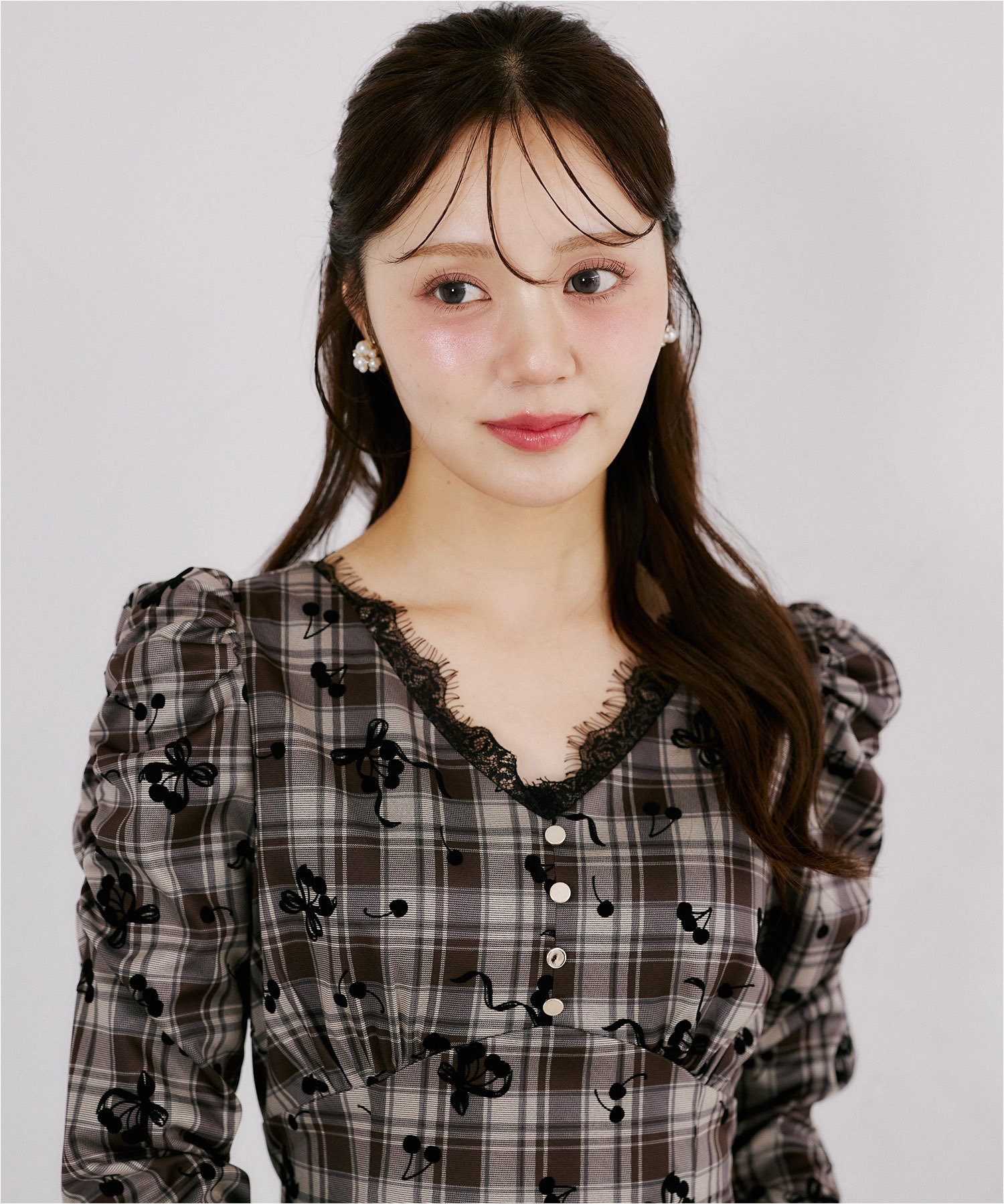 tocco トッコクローゼット ネックレース付きチェック×フロッキーチェリーミックスワンピース