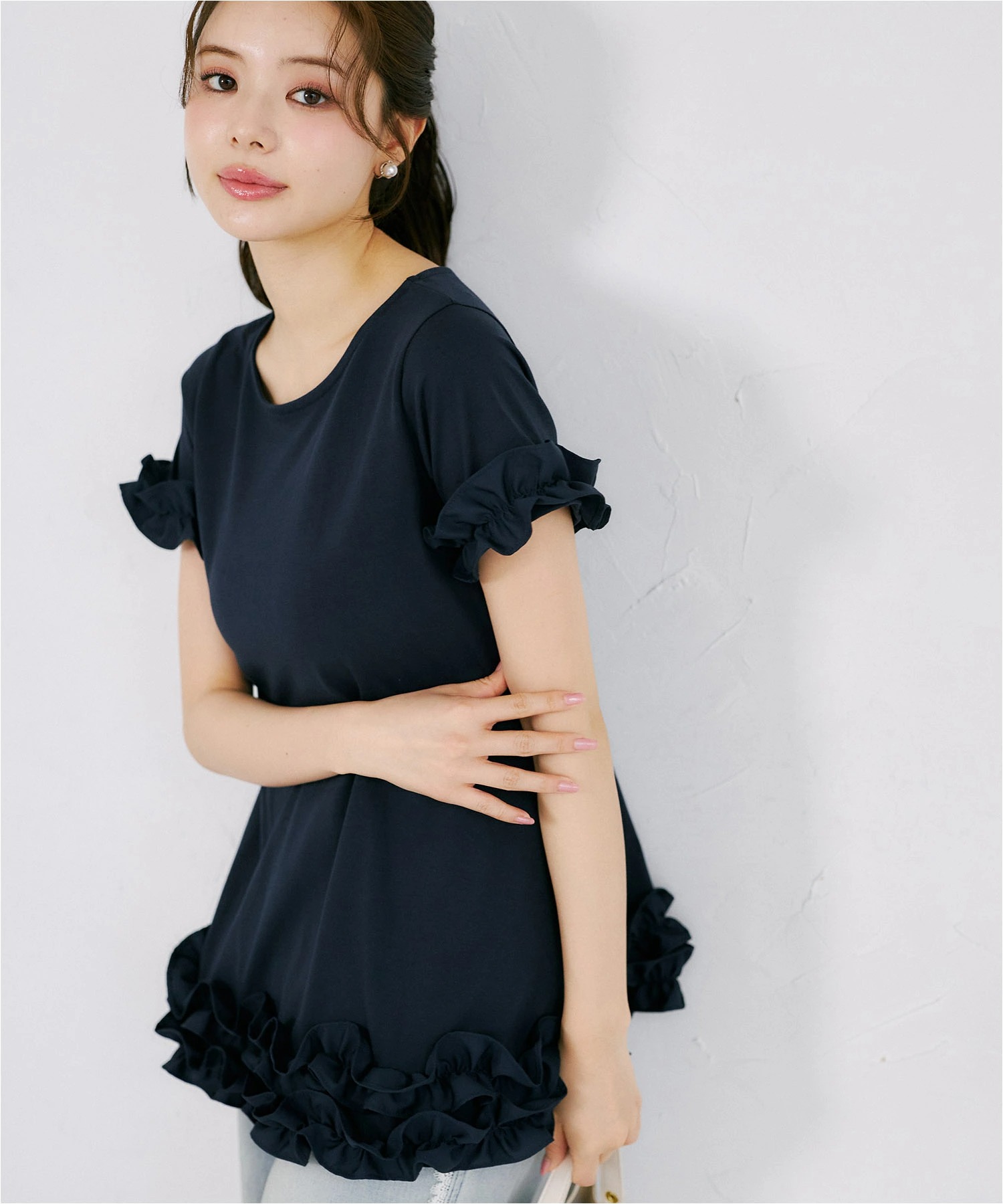 tocco トッコクローゼット　洗濯後も続く心地良さ♪ＵＶカット＆接触冷感カットソーフリルペプラムチュニック